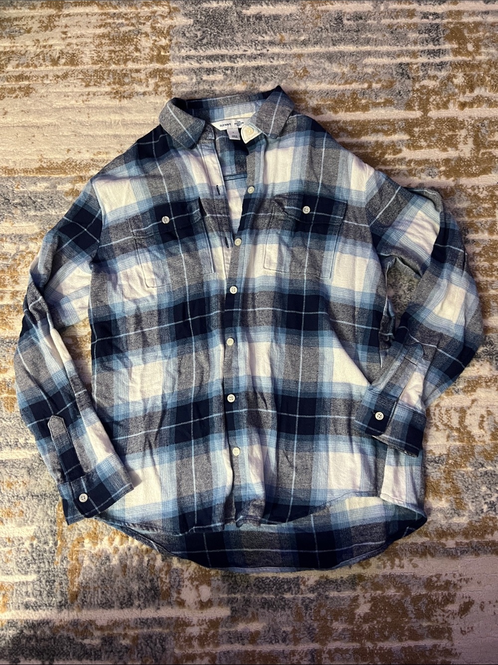 Blue and White Plaid Flannel Button-Up Shirt